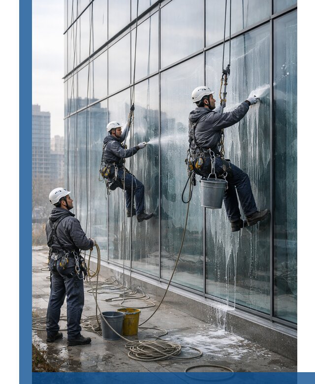 Промышленная мойка панорамных окон на высоте в Дзержинском