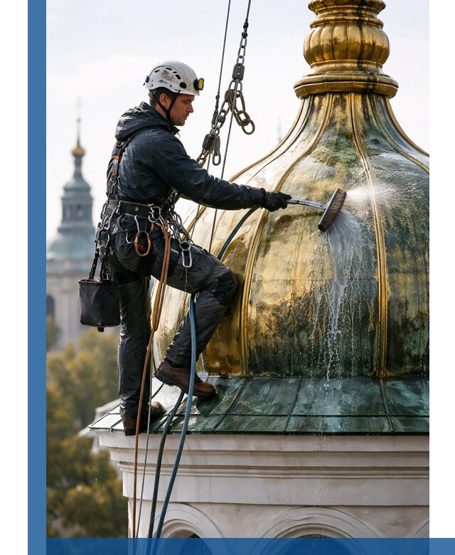 Профессиональная мойка куполов и шпилей высотными альпинистами в Дзержинском