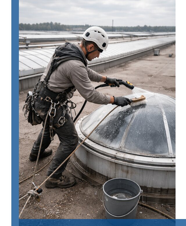 Мойка зенитных фонарей на кровле для промышленных объектов в Дзержинском