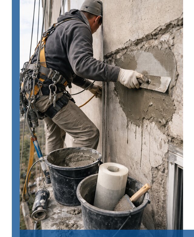 Ремонт бетонных элементов фасада промышленными альпинистами в Дзержинском