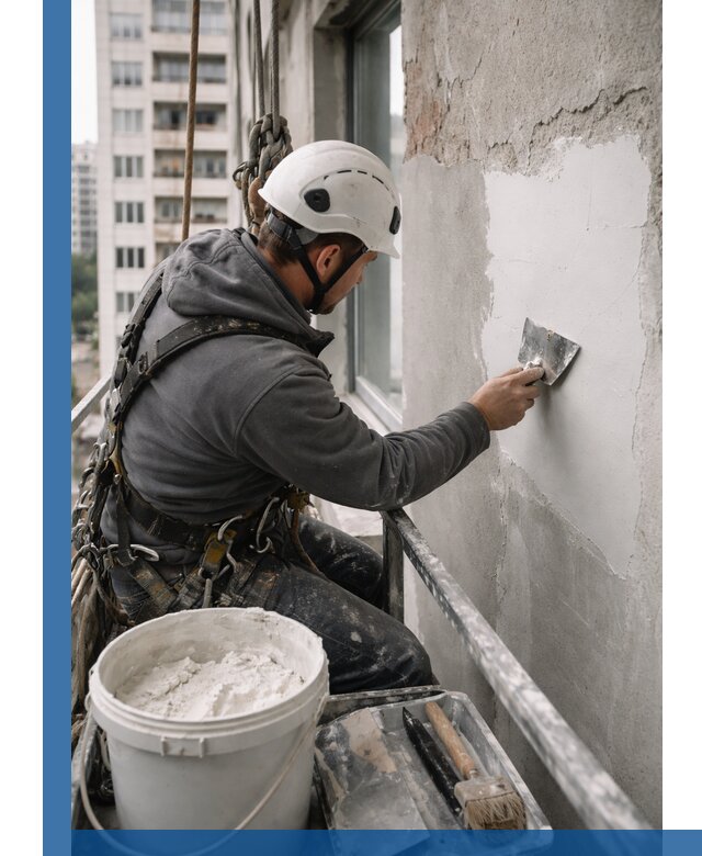 Шпаклевка фасадов на высоте с промальпинистами в Дзержинском