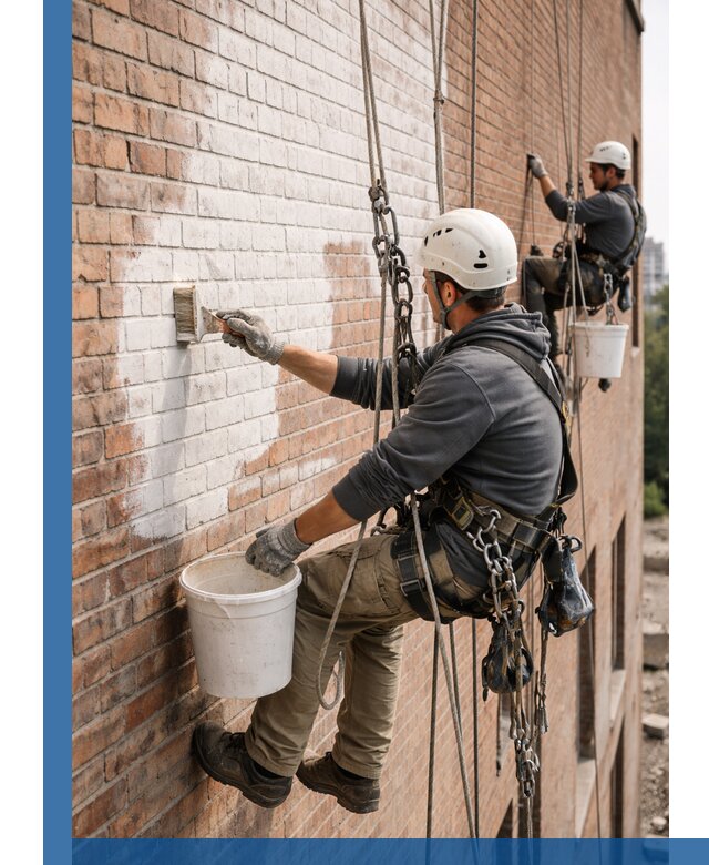 Покраска кирпичного фасада с доступным альпинистским сервисом в Дзержинском