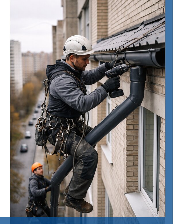 Монтаж водосточной системы на здании в Дзержинском от 5117 р. | ВЫСОТНИК-Дзж