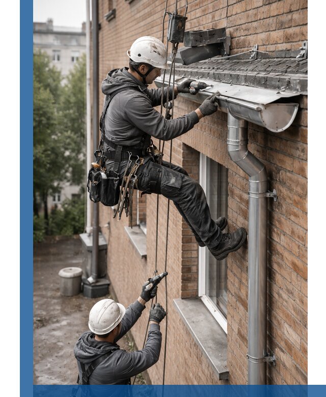 Монтаж водосточной системы на здании в Дзержинском под ключ