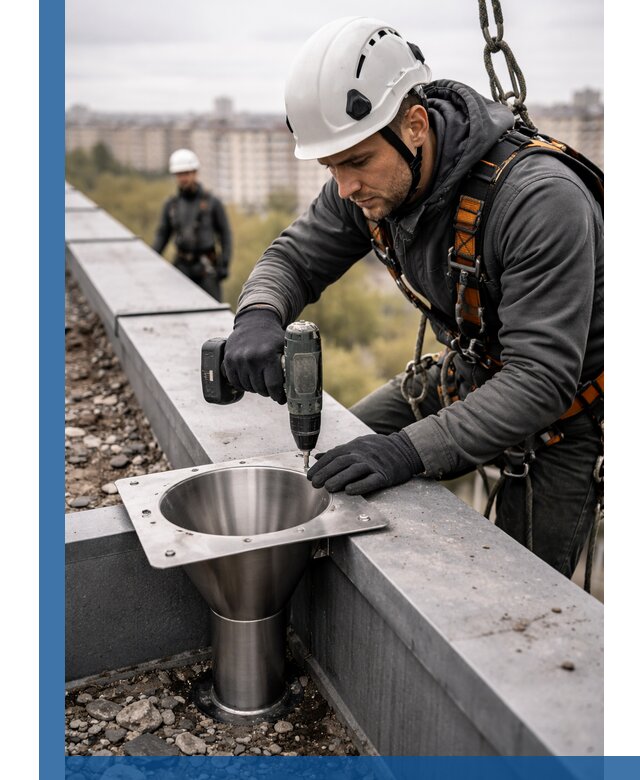 Монтаж водосточных воронок в Дзержинском для промышленных зданий