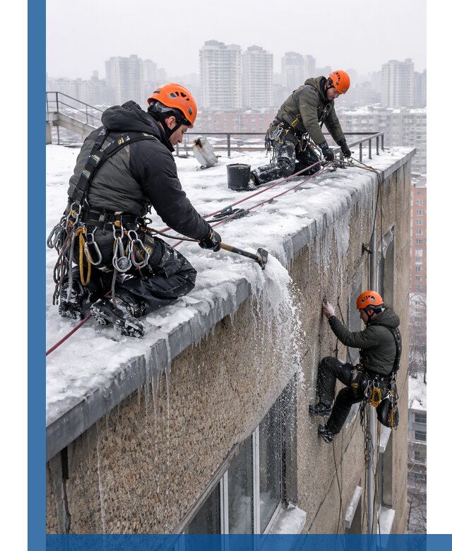 Удаление наледи с кровли в Дзержинском промышленными альпинистами