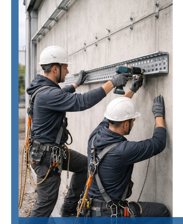 Монтаж кабельных лотков на фасаде зданий в Дзержинском с гарантией