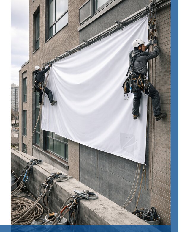 Монтаж баннеров на фасаде в Дзержинском от 665 р. заказать ВЫСОТНИК-Дзж