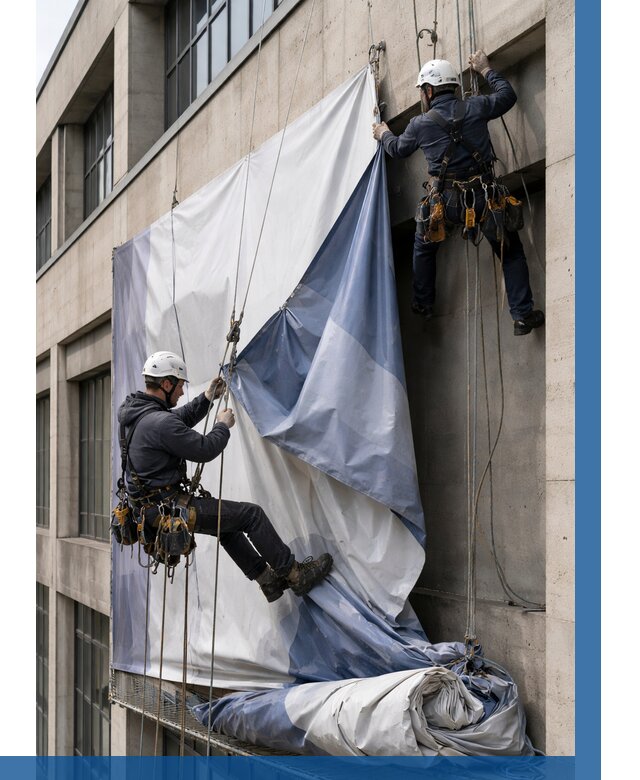 Демонтаж баннеров с фасада в Дзержинском от 4605 р. | ВЫСОТНИК-Дзж