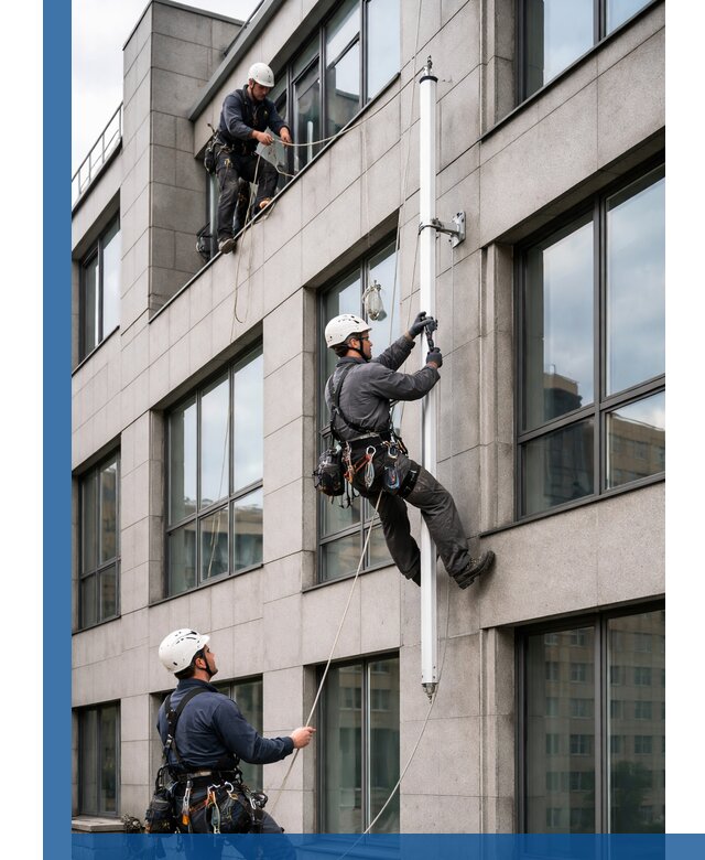 Монтаж флагштока на фасаде здания с креплением и герметикой в Дзержинском