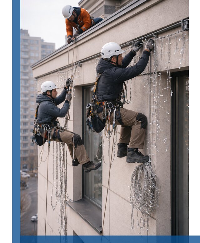 Монтаж праздничных гирлянд на фасаде в Дзержинском для зданий