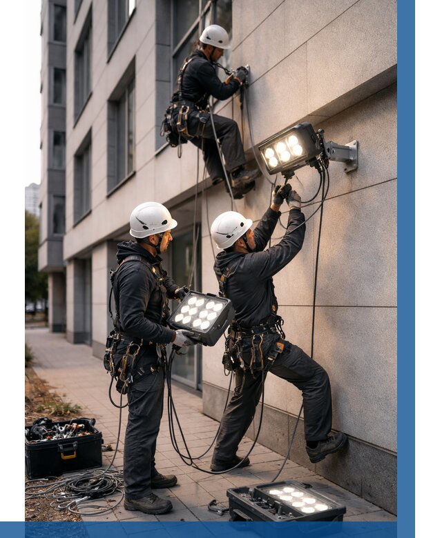 Монтаж прожекторов на фасаде в Дзержинском от 7676 р. | ВЫСОТНИК-Дзж