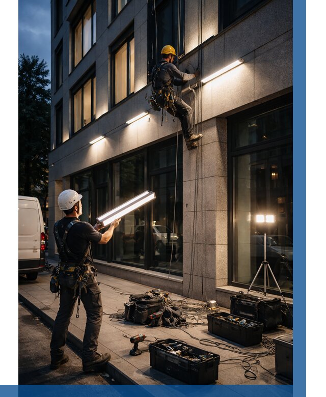 Монтаж архитектурной подсветки здания в Дзержинском от 2559 р.|ВЫСОТНИК-Дзж