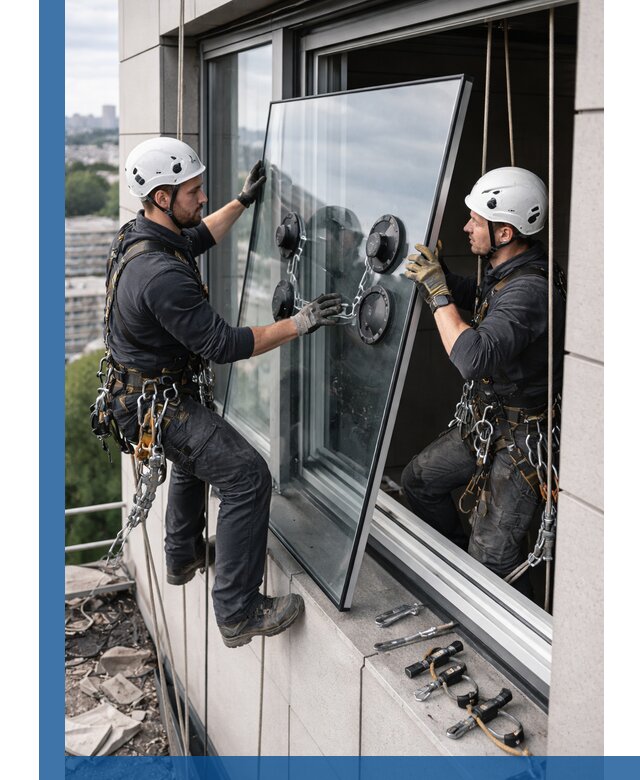 Замена стеклопакетов на высоте с промышленными альпинистами в Дзержинском