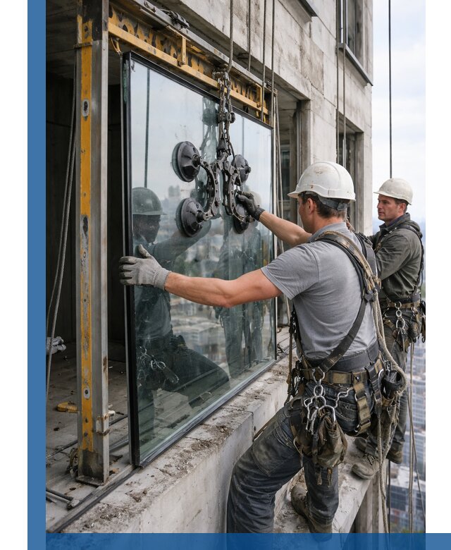 Монтаж стеклопакетов на высоте в Дзержинском с промышленным альпинизмом