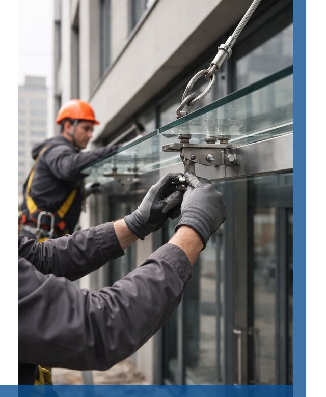 Монтаж стеклянных козырьков в Дзержинском от 8699 р. | ВЫСОТНИК-Дзж