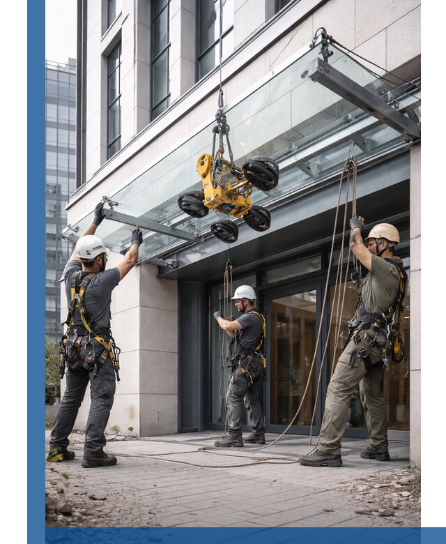 Монтаж стеклянных козырьков под ключ в Дзержинском для зданий