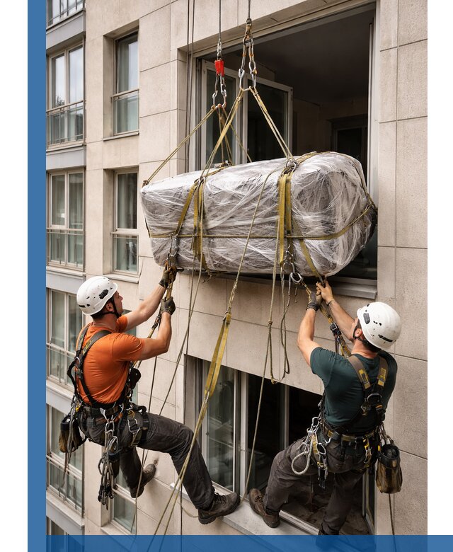 Подъем грузов через окно в Дзержинском промышленными альпинистами