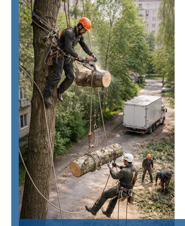 Спил деревьев альпинистами в Дзержинском, безопасно и без повреждений
