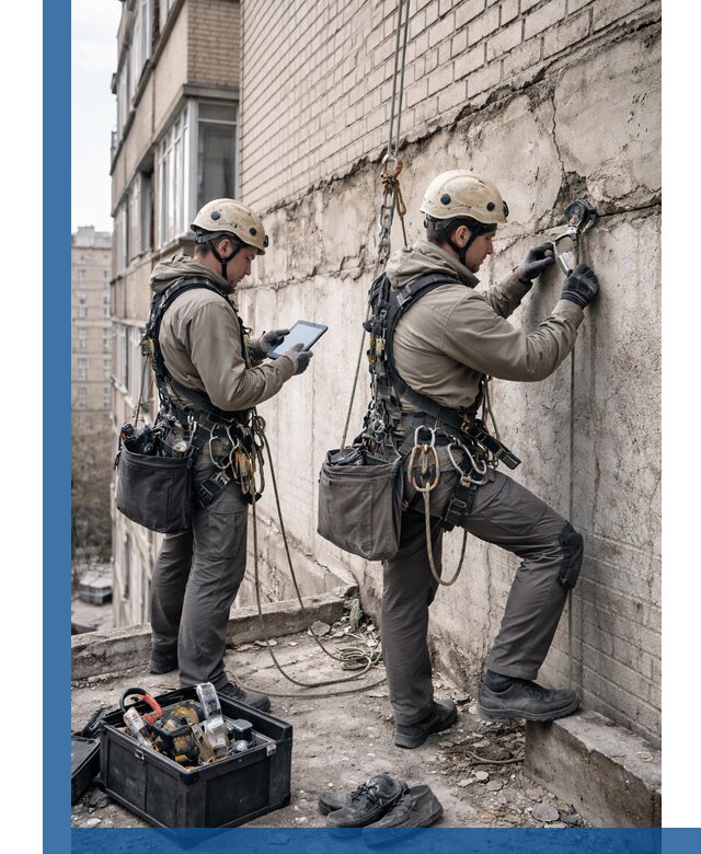 Обследование фасада промышленными альпинистами в Дзержинском